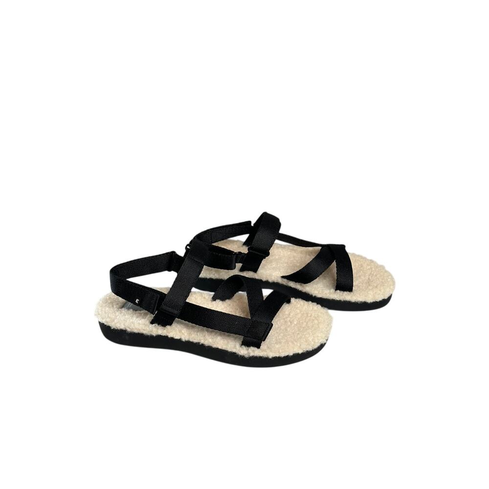 Everlane NIB The ReNew Teddy Sport Sandal Black Cream Sherpa Fleece Shoes Sz 7